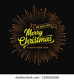 Merry Christmas and Happy New Year lettering template. Greeting card invitation with golden firework. Winter holidays related typographic quote. Vector vintage illustration.