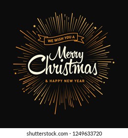 Merry Christmas and Happy New Year lettering template. Greeting card invitation with golden firework. Winter holidays related typographic quote. Vector vintage illustration.