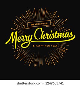 Merry Christmas and Happy New Year lettering template. Greeting card invitation with golden firework. Winter holidays related typographic quote. Vector vintage illustration.