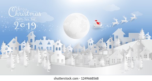 Merry Christmas and Happy New Year 2019 calligraphic paper art, paper cut, digital paper craft of Santa Claus with reindeer on sleigh flying over the night snow wonderland. Vector illustration EPS10.