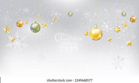 Merry Christmas and Happy New Year 2019 with calligraphic on white snow background decoration with gold, jade Xmas balls with star ornaments hanging. Vector illustration.
