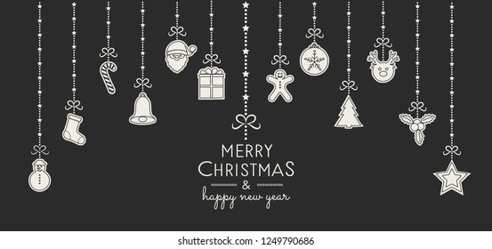 Merry Christmas and Happy New Year - greeting card with hanging ornaments. Vector.