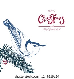 merry Christmas and happy new year, bird landslide and fir branches, hand drawing, vector