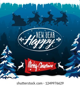 Merry Christmas and Happy New Year vector text Calligraphic Lettering design card template. Winter holidays greeting cards with New Year tree, reindeers, Santa Claus. Typographic design