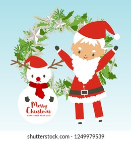 merry christmas and happy new year with santa claus, snowman and green wreath, cute character design on holiday card, vector