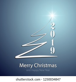 Merry Christmas and Happy New Year 2019 background with white christmas tree and numbers on blue background. Vector greeting banner illustration
