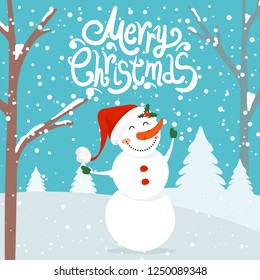 Merry Christmas and Happy New Year winter holidays greeting card with snowman. Vector illustration