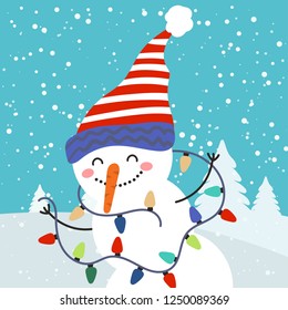 Merry Christmas and Happy New Year winter holidays greeting card with snowman. Vector illustration