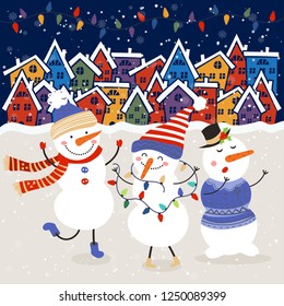 Merry Christmas and Happy New Year winter holidays greeting card with snowmans. Vector illustration