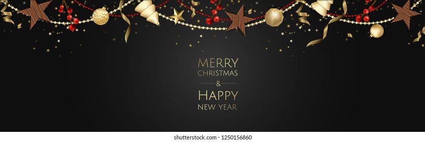 Merry Christmas and Happy New Year. Xmas background with gift box, Snowflakes and balls design.