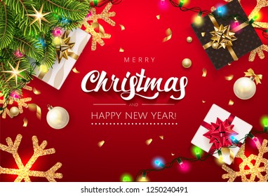 Merry Christmas and Happy New Year Greeting Card with Decorations, Gift, Fir Tree Branch, Gold Classic Snowflake, Light Garland and christmas Ball. Typographical Background With Christmas Elements