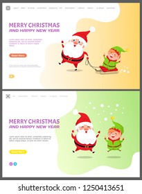 Merry Christmas and happy New Year Santa Claus with elf vector. Winter character with helper standing under snowfall, riding sleigh together holidays