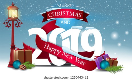 Merry Christmas and happy New Year 2019 - card with gifts and old street lamp