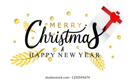 Merry Christmas and Happy New Year Background, design of sparkling lights, with realistic gifts box and glitter gold confetti. Horizontal christmas poster, greeting cards, headers, website 