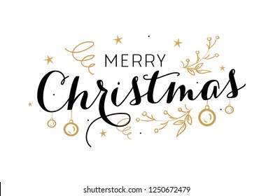 Merry christmas, happy new year lettering font text card. Typography inscription decoration poster winter holiday design gold candle Christmas tree bell snow. Vector illustration isolated background.