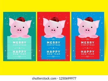 Merry Christmas and Happy New Year, with Cute pig,Santa hat Greeting Card or Gift Tag label. Vector EPS 10.