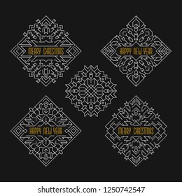 Merry Christmas and Happy New Year badges. Frames in line style. Holidays banners with ornamental snowflakes in silver colors.