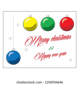Merry christmas and Happy New Year christmas ball blue yellow green red snow isolated on white background.