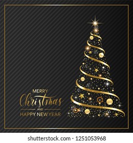 Merry Christmas and happy new year - hand lettering vector card. Calligraphy gold holiday  inscription with gold christmas tree.