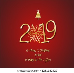 Merry Christmas and Happy New Year 2019 wishing card with golden text effect. Vector illustration.