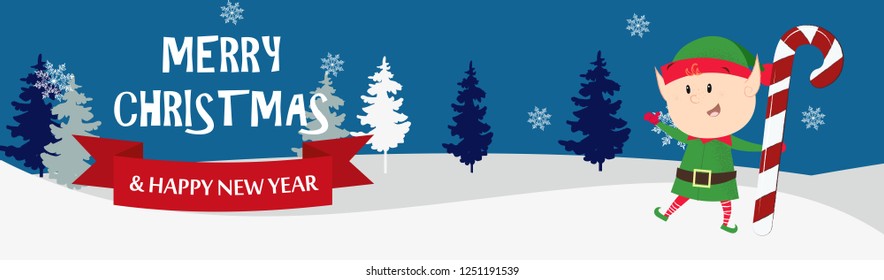 Merry Christmas and Happy New Year blue postcard with elf. Illustration of elf holding candy cane on blue background with winter forest. Can be used for postcards, greeting cards, leaflets