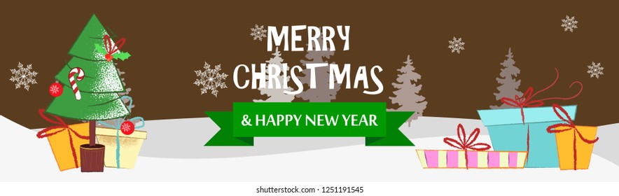 Merry Christmas and Happy New Year brown postcard with gifts. Illustration of gift boxes under fir tree on brown background with winter forest. Can be used for postcards, greeting cards, leaflets