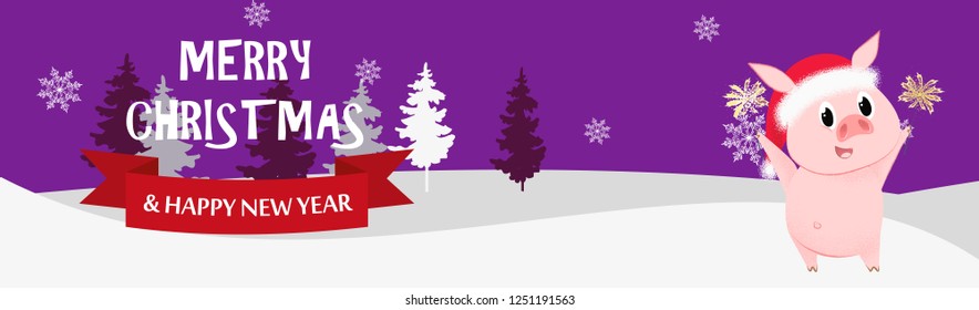 Merry Christmas and Happy New Year purple postcard with piglet. Illustration of piglet holding bengal lights on background with winter forest. Can be used for postcard, greeting card, leaflet