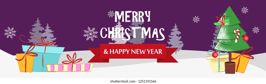 Merry Christmas and Happy New Year purple postcard with gift boxes. Illustration of presents with fir tree on purple background with winter forest. Can be used for postcards, greeting cards, leaflets