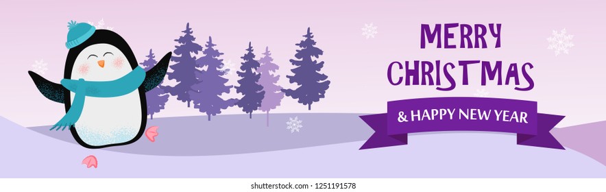 Merry Christmas and Happy New Year poster with penguin. Illustration of dancing penguin in scarf and hat on pink background with winter forest. Can be used for postcards, greeting cards, leaflets