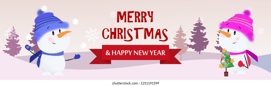 Merry Christmas and Happy New Year pink postcard with two snowmen. Illustration of two snowmen on background with winter forest. Can be used for postcards, greeting cards, leaflets