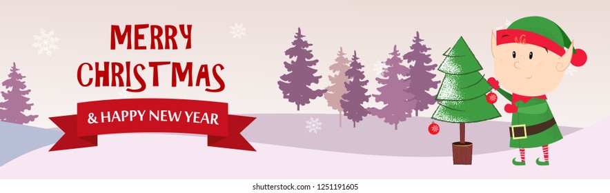 Merry Christmas and Happy New Year pink postcard with elf. Illustration of elf near fir tree on pink background with winter forest. Can be used for postcards, greeting cards, leaflets