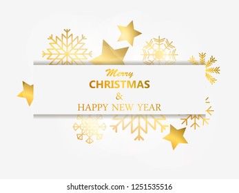 Merry Christmas and Happy New Year. Golden snowflakes and stars with lights. Bokeh effect. Greeting card design template. Vector illustration