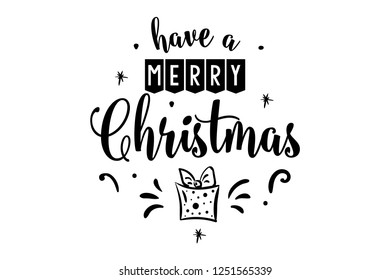 Merry Christmas, happy New Year letter text card text. Typography inscription decoration poster winter holiday design. Red color gift, snowflakes, snow. Vector illustration.