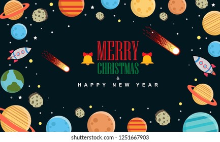 Merry christmas and happy new year. Comet flying space with planets and spaceships, background