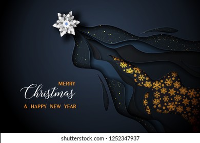 Merry christmas and Happy New Year 2020 / 2021 vector black and gold design. Paper art and craft style. 