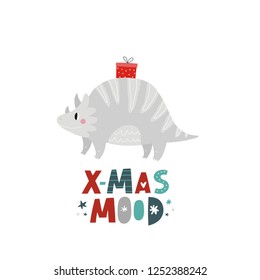 Merry Christmas and Happy New year hand drawn vector print with cute Dinosaur. Christmas lettering and calligraphy pattern with cartoon Dino. 
