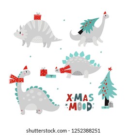 Merry Christmas and Happy New year hand drawn vector print with cute Dinosaur. Christmas lettering and calligraphy pattern with cartoon Dino. 