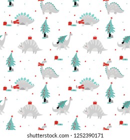 Merry Christmas and Happy New year hand drawn vector print with cute Dinosaur. Christmas lettering and calligraphy pattern with cartoon Dino. seamless pattern