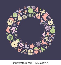 Merry Christmas and Happy New Year - layout of greeting card with festive ornaments. Vector.