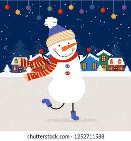 Merry Christmas and Happy New Year winter holidays greeting card with snowman. Vector illustration