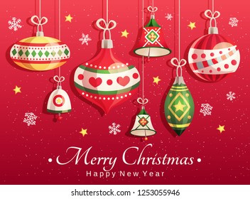 Merry Christmas and Happy New Year card with decorative elements: christmas toys, bells, snowflakes and stars 