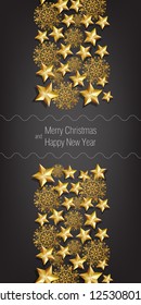 Merry Christmas and Happy New Year black and gold poster design. Inscription with golden stars and snowflakes on black background. Can be used for posters, postcards, greetings