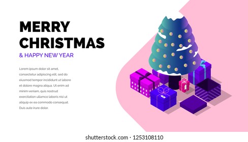 Merry Christmas and Happy New Year. Creative isometric vector. Illustration