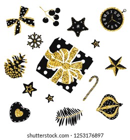 Merry Christmas and Happy New Year set illustration, scrap vector design, glitters texturw