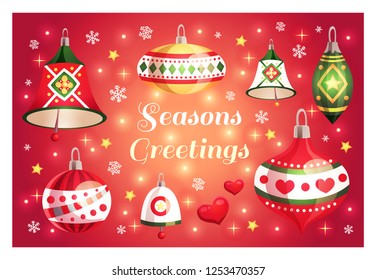 Merry Christmas And Happy New Year Card With Seasons Greetings Text And Decorative Elements: Christmas Toys, Bells, Snowflakes, Stars, Hearts