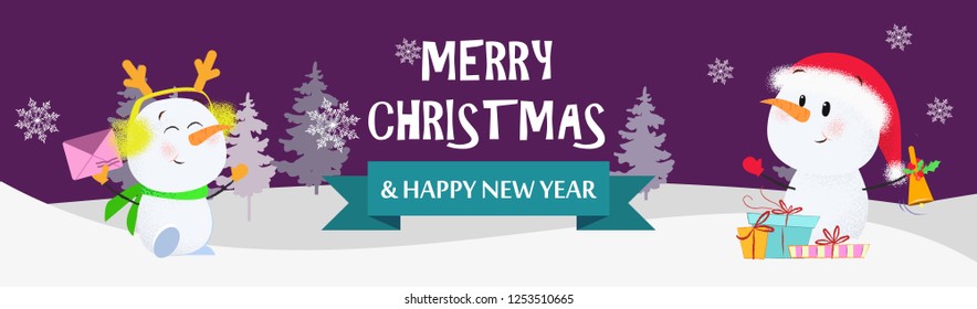 Merry Christmas and Happy New Year violet postcard with snowmen. Illustration of two snowmen on dark purple background with winter forest. Can be used for postcards, greeting cards, leaflets