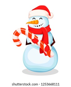Merry Christmas and Happy New Year. Cute snowman, funny cartoon character holding candy cane. Usable for banner, poster, flyer, invitation. Vector illustration on white background