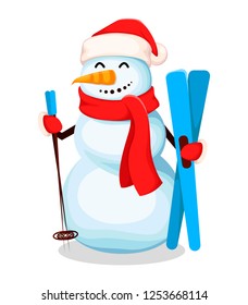 Merry Christmas and Happy New Year. Cute snowman, funny cartoon character holding skis. Usable for banner, poster, flyer, invitation. Vector illustration on white background