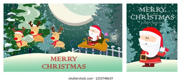 Merry Christmas and Happy New Year fine postcard. Two illustrations of Santa sitting in sleigh with deer on green background. Can be used for postcards, invitations, greeting cards