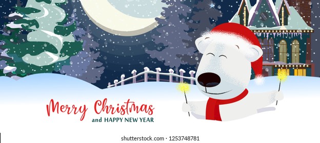 Merry Christmas and Happy New Year postcard design with white beer. Inscription with polar bear on background with snowy landscape. Can be used for postcards, invitations, greeting cards